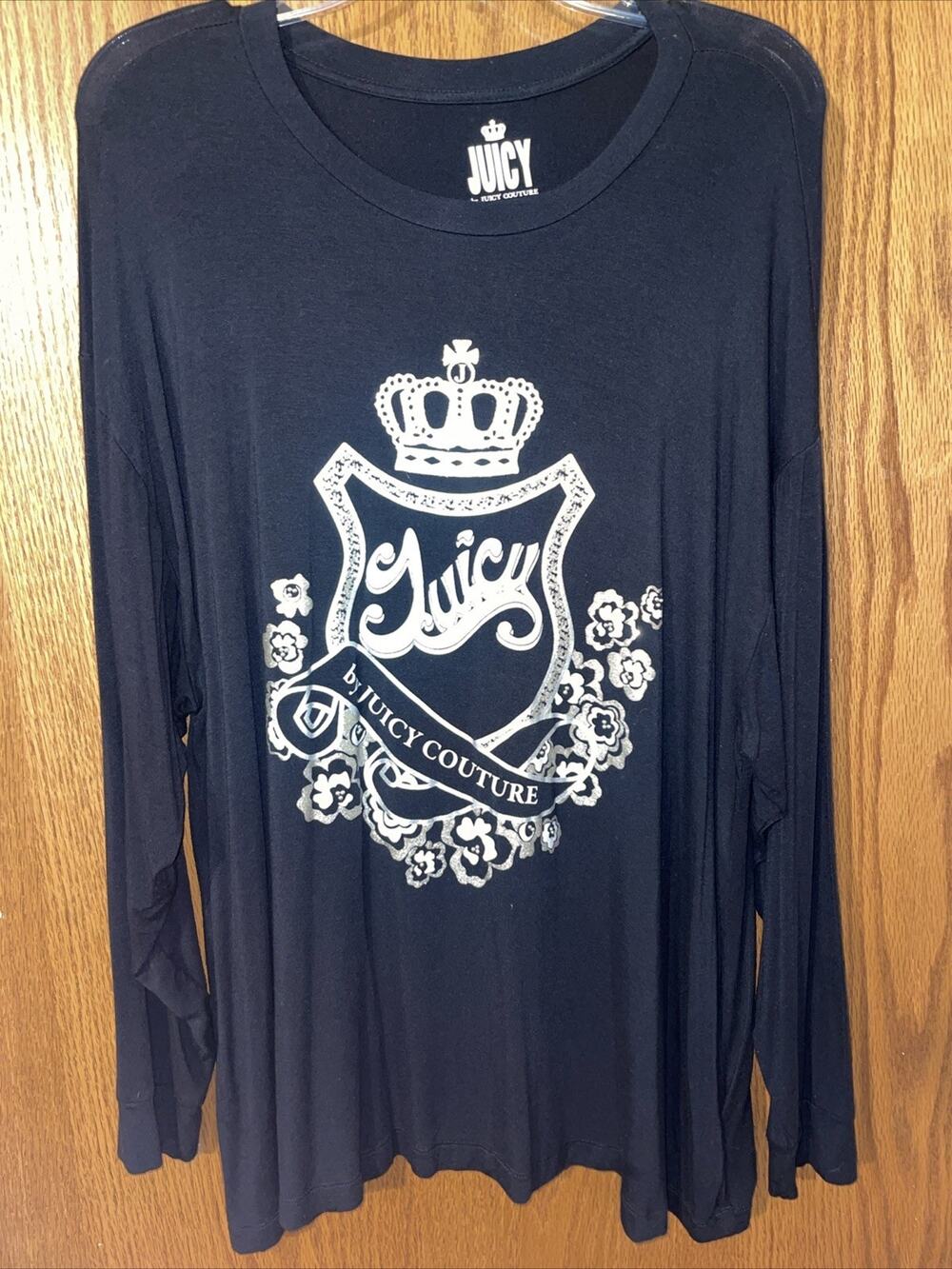 Juicy Couture Black Long Sleeve Graphic Print Crown Tee T Shirt Top 1X
